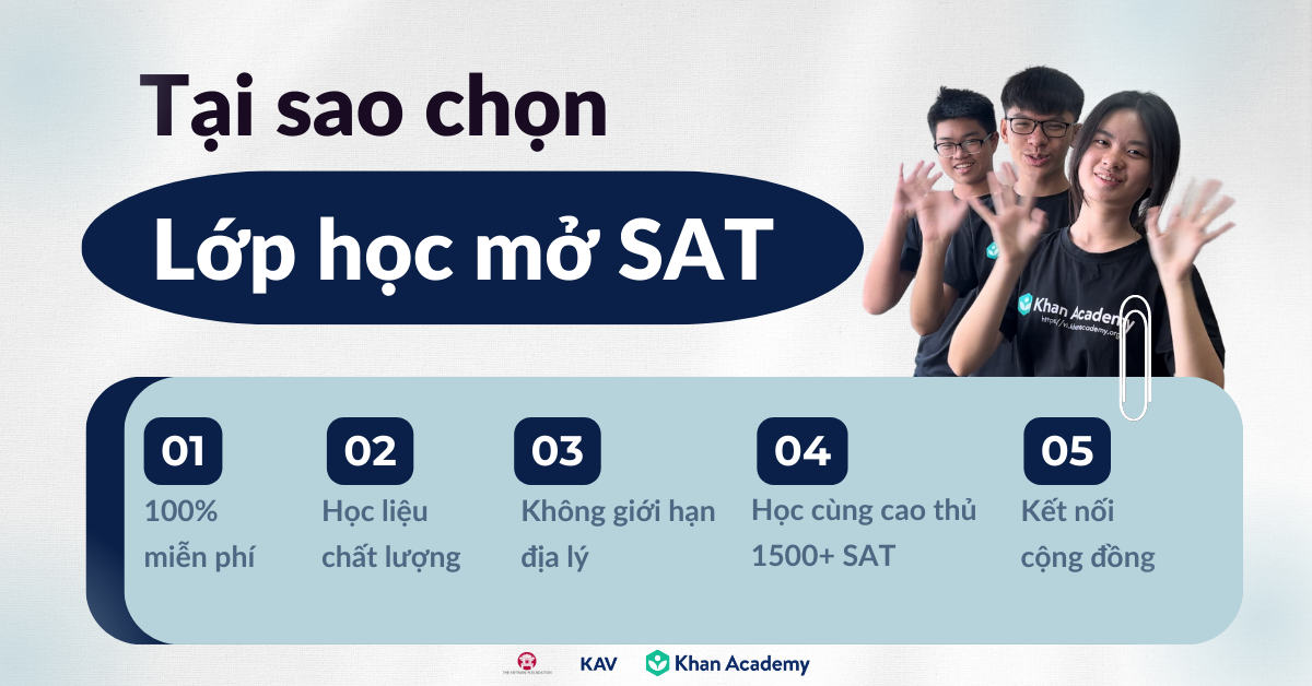 Đừng chần chừ đăng ký lớp học mở SAT trực tuyến miễn phí để được đồng hành cùng "cao thủ lớp trường" 1500+ SAT và kết nối đến các bạn ôn thi SAT trên toàn quốc!